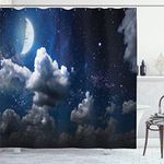 Ambesonne Clouds Shower Curtain, Celestial Solar Night Scene Stars Moon and Clouds Heaven Place in Cosmos Theme, Cloth Fabric Bathroom Decor Set with Hooks, 84" Long Extra, Dark Blue