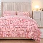 Holawakaka Pink Waterfall Ruffle Comforter Set Twin Size Multi-Layers Ruffled Shabby Chic 3PCS Bedding Set for Girls Women