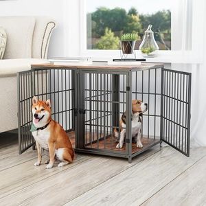 BingoPaw Large Wooden Dog Crate Furniture with Removable Divider, Heavy Duty Wood Dogs Cage with Divider for 2 Small Dogs or 1 Medium Large Dog (90x62x68.5H cm)