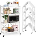 Svkiyang Foldable Storage Shelf Unit on Wheels Large Capacity (No Assembly) Heavy Duty Steel 5-Shelving Organizer Rack for Kitchen, Garage and Laundry Bathroom Tool Organization (4, White)