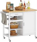 sogesfurniture Rolling Kitchen Serving Cart with Drawer and Storage Shelves, Kitchen Island Cart Trolley on Wheels with Rubberwood Countertop, Storage Cabinet, Towel Holder, White, BHCA-10FZSRKI03WH