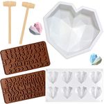 Aiyola 6 Pieces Diamond Heart Silicone Mold, 8.7 Inch Heart Shape Mold 8 Cavities Non-Stick Heart Mold Tray 2 Pieces Silicone Letter Number Molds and 2 Pieces Hammers for DIY Candy Mousse Cake Tools