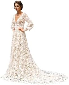 LIPOSA Plus Size Deep V Neck Lace A Line Bridal Dress Empire Waist Long Sleeve Tulle Wedding Gowns Ivory 18W