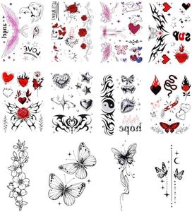 Temporary Tattoos for Women, 12 Sheets Y2K Matte Rose Butterfly Snake Art