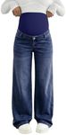 BLENCOT Women's Maternity Bootcut Jeans Wide Leg Over The Belly Straight Pregnancy Denim Pants with Pockets Dark Blue L