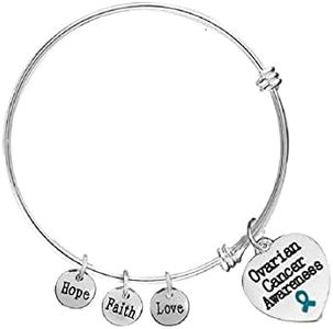 5 Pack Ovarian Cancer Awareness Heart Charm Bracelets – Teal Ribbon Retractable Bracelets for Awareness, Gift-Giving, Event Promotion & More!