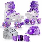 Jaspo Scud X Trail Roller Skates Combo with Helmet and Knee, Elbow, Wrist Guard, Professional Outdoor Indoor Quad-Skates for Kids & Adults, Adjustable Roller Skates with 4 Shiny Wheels (Purple, Small)