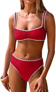 ANRABESS Womens Bikini Sets Two Piece Swimsuit Ribbed Front Ruched Mid Waisted Bathing Suit Color Block 2026 Beach Swimwear Red XL