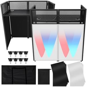 GarveeLife Portable DJ Facade Booth,52"L x 43.2"H x 26"W DJ Facade with White & Black Scrim,Foldable DJ Table Station with Adjustable Feet for Party, Black Metal Frame ﻿