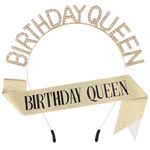 IBEIKE Birthday Queen Sash and Rhinestone Tiara, Birthday Sash with Headband, 21st 30th Birthday Party Supplies for Women Celebrate Costume Decoration (Gold)