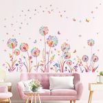 decalmile Colorful Dandelion Flower Wall Decals Flying Floral Butterfly Wall Stickers Living Room Bedroom Nursery Wall Decor