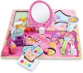 Top Right Toys Wooden Makeup Toy Set, Pretend Wood Beauty Salon, 10 Pieces Toddler Wooden Makeup Play Set for Girls with Makeup, Perfume, Lipstick, Mirror, Hair Dryer, Cosmetics Case and Storage Bag