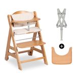 hauck Beta+, Natural - Wooden High Chair Set from 6 Months to 90 kg - with Wheels, Seat Cushion, Wooden Tray & Bumper Bar, 5 Point Harness & Crotch Strap - Made from FSC Certified Beechwood