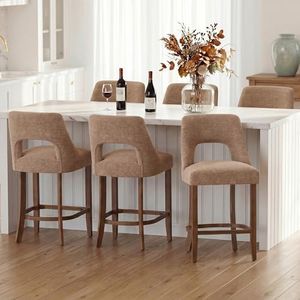 UVV Bar Stools Set of 6, Upholstered Counter Height Bar Stools, Modern Counter Stools with Wood Legs for Kitchen Island Dining Room Bar, Khaki