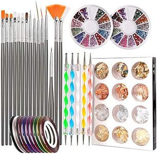 Teenitor Nail Pen Designer,Stamp Nail Art Tool with 15pcs Nail Painting Brushes, Nail Dotting Tool, Nail Foil, Manicure Tape, Color Rhinestones for Nails-Black