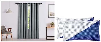 Amazon Brand - Solimo Room Darkening Blackout Door Curtain, 7 Feet, Set of 2 (Grey) Premium Bed Pillow, Diagonal Blue and White, 43 x 69 cm