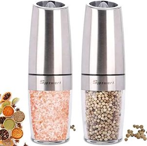 Sjpzwcrl Electric Pepper Mill Grinder: Automatic Gravity Salt and Pepper Grinder Set Battery Operated Spice Shakers Salt Dispenser Refillable Adjustable with Light, 2Pcs (Silver)