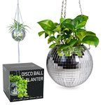 SCANDINORDICA Disco Ball Planter – Disco Ball Plant Hanger, Mirror Disco Planter with Chain, Macrame Hanger, Acrylic Stand and Insert Pot, Hanging Planter | Disco Ball Decor – 20 cm (8“) Silver