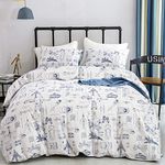 CLOTHKNOW White Blue Queen Comforter Set 3Pcs Cars Bedding Comforter Sets Blue White Queen Comforter Aircraft Tank Vehicles Queen Size Comforter Sets