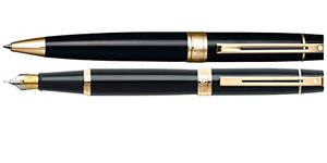 Sheaffer 300 Duo Black Lacquer and Gold Appointments Limited Series with Signature white dot of Excellence and wide band Medium Point Fountain Pen and Ballpoint Pen set.