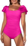 Eomenie Women's Tummy Control One Piece Swimsuit Ruffle Square Neck Bathing Suit Ruched Cutout Back Slimming Swimwear, Hot Pink, X-Large