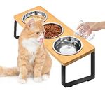 FTKINGDER Raised Cat Food Water Bowl，Small Dog 15 ° Tilted Elevated Food Feeding Tray with Three Stainless Steel Bowls to Protect The Spine of Cats and Dogs from Vomiting (Wood Color) (Wood Color)