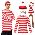 Wheres Waldo Costume Adult Red and White Striped T-Shirt Women Glasses Hat Halloween Dress Up for Kids Cosplay (Men, XL)