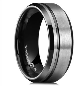 King Will 8mm Gunmetal Tungsten Rings for Men with Thin Black Groove Line Mens Wedding Bands Basic Two-Tone Engagement Ring Matte Brushed Beveled Edges Comfit Fit Durable, Size 14