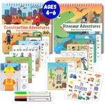 Totebook Kids Travel Educational Activity Book with Washable Markers - Car and Airplane Activities- Search and Find, Reusable Stickers for Ages 4, 5, 6 (Dinosaur & Construction)