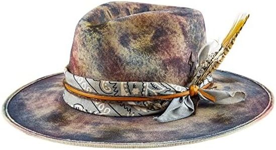 RUEDIGER Wide Brim Fedora Hats for Men Women 100% Wool Felt Panama Rancher Hat with Lightning Logo Distressed/Burned Handmade