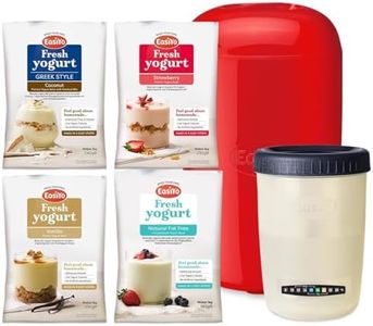 EasiYo Red Yoghurt Maker (1kg) Starter Pack | Includes 4 Sachets of Yogurt Fat Free Natural, Strawberry, Vanilla and Greek Style with Coconut Bits