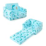 HONEY JOY Toddler Couch, 2-in-1 Convertible Sofa to Lounger with Dinosaur Pattern, Extra Soft Flip Open Kids Fold Out Chair & Sleeper, Kids Playroom Furniture, Foam Kids Sofa (Light Blue)