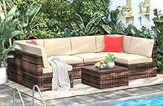 rattantree Garden Furniture Set with Washable Cushion, 6 Seats Patio Sofa Set with Coffee Table, Assembly Needed Rattan Outdoor Sectional Corner Sofa for Porch,Backyard,Garden,Poolside,Balcony(Brown)