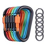 6 Pcs Upgraded D-Ring Locking Carabiner, 3.1 Inch D Shape Keychain Clips for Outdoor, Camping, Hiking, Fishing, Home RV, Travel, 6 Spring-Loaded Gate Hook with 6 Key Rings