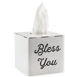 AuldHome White Tissue Box Cover; Enamelware Square Distressed Farmhouse Vintage Style Decor Tissue Holder