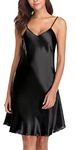 Vlazom Women Negligees Satin Nightdress Spaghetti Strap Chemises Slip V Neck Sleepwear Nightgown, L(UK 12), Black