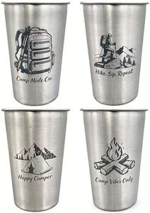 LVDGE 4 Pack 16oz Stainless Steel Cups - 4 Unique Laser-Engraved Outdoor Adventure Graphics, Stackable Durable Metal Cold Drink Cups for Camping Trips, Hikes & Outdoor Events (Camping)