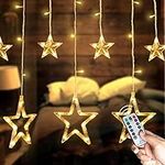 Star Curtain Lights for Bedroom - Plug-in 9ft 138 LED Fairy Twinkle Lights with 12 Star Drops, Connectable Window Lights with Remote 8 Lighting Modes for Indoor Xmas Ramadan Decoration, Warm White