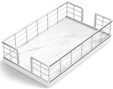 Wican Marble Guest Towel Holder Tray for Bathroom, Napkins Holder for Powder Room Dinning Table Wooden Basket for Disposable Paper Hand Towels Silvery and Marble White