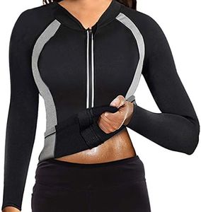 Women Sauna Suit Waist Trainer Jacket Hot Sweat Top Neoprene Body Shaper Workout Suit Running Cycling Jersey, Black, XX-Large