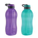 oliveware Jumbo 2 Litre Water Bottle, 100% Leak Proof, BPA Free Premium Plastic Bottle, for Home, Office & Gym, Sturdy with Holder, Pack of 2 (Purple & Blue)