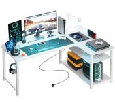 COMHOMA L Shaped Gaming Desk with Power Outlets Corner Computer Desk 130x80CM with Shelves Headphone Hook PC Table Workstation for Home Office Bedroom (White, 130CM)