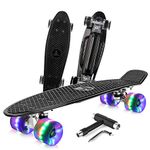 BELEEV 22 inch Skateboard Complete Cruiser Mini Skateboard for Kids Teens Adults & Beginners, PU LED Flashing Wheels with All-in-One Skate T-Tool (Black)