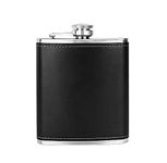 AUGEN Hip Flask Stainless Steel Leak Proof Black Leather Stiched 8oz (230ml) Liquor Pocket Flasks or Alcoholic Beverage Holder