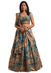 Zeel Clothing Women's Organza Floral White Semi-Stitched Lehenga Choli (7616-TealBlue-Wedding-Floral-Lehenga-New, Teal Blue)