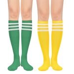 2 Pairs Knee High Socks for Women Sport Long Sockings Striped Halloween Tube Socks Yellow White&Green White One Size