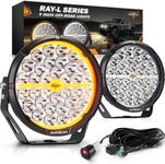 Auxbeam RAY-L Series 9 Inch LED Off-Road Lights 318W 34180LM, with Amber White DRL 3 Modes Round Offroad Lighting, Spot Beam Driving Light Bar for 4x4 Truck SUV ATV UTV, Pair