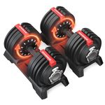 SONGMICS Set of 2 Adjustable Dumbbells, 12-in-1 Weights 3-24 kg Each, Quick Dial, Space-Saving, Non-Slip Handle, Storage Tray, Home Gym Strength Training, Black and Red SYL548R101