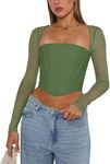 REORIA Women Fall Mesh Long Sleeve Boned Ruched Square Neck Corset Night Out Slim Fitted Sexy Bustier Tops (Deep Green XX-Large)