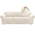 H.VERSAILTEX Modern Velvet Plush 4 Piece High Stretch Sofa Slipcover Strap Sofa Cover Furniture Protector Form Fit Luxury Thick Velvet Extra Large Sofa Cover for 3 Cushion Couch(XL Sofa, Ivory)